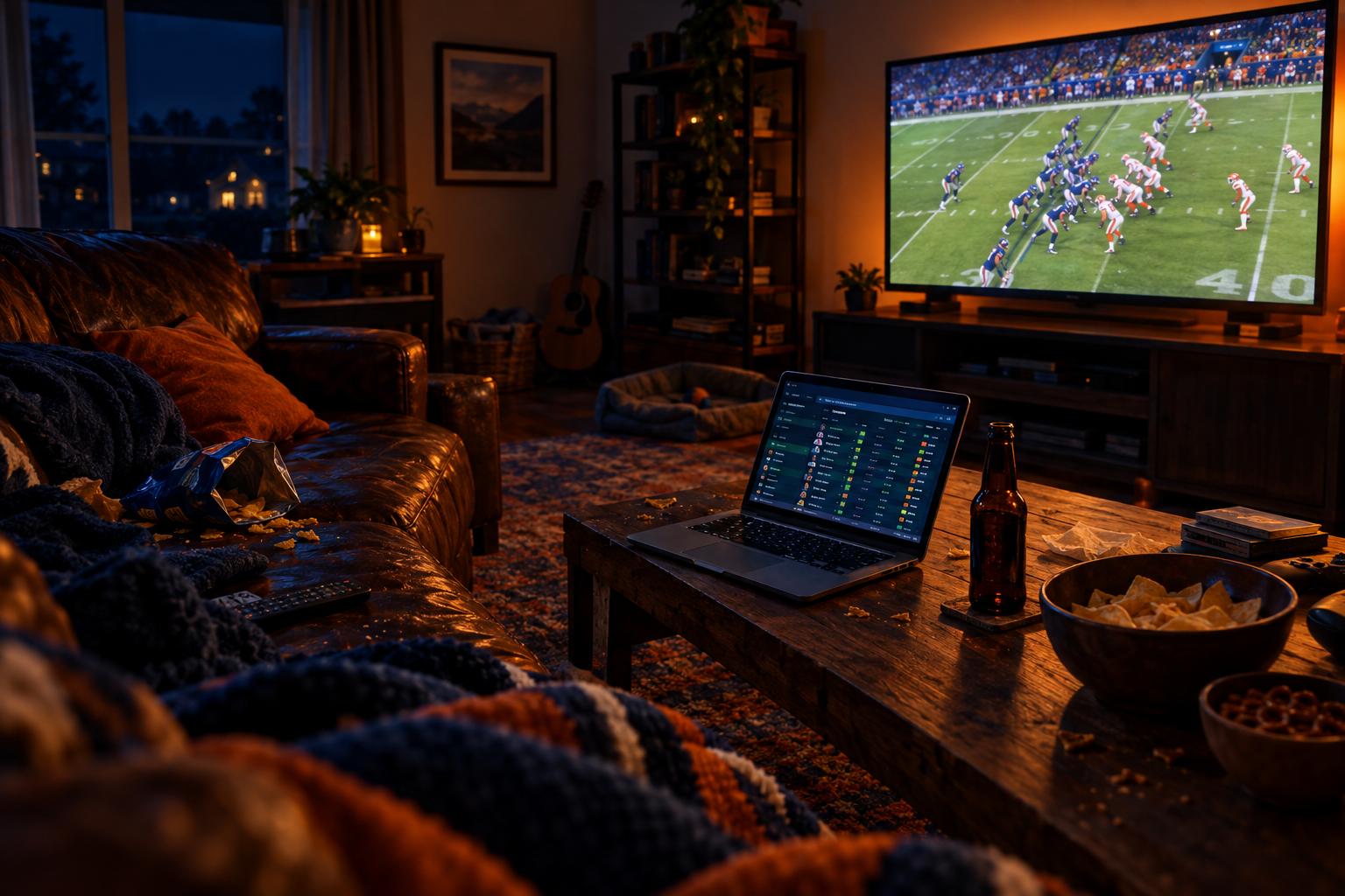 Suburban living room at night with football on TV