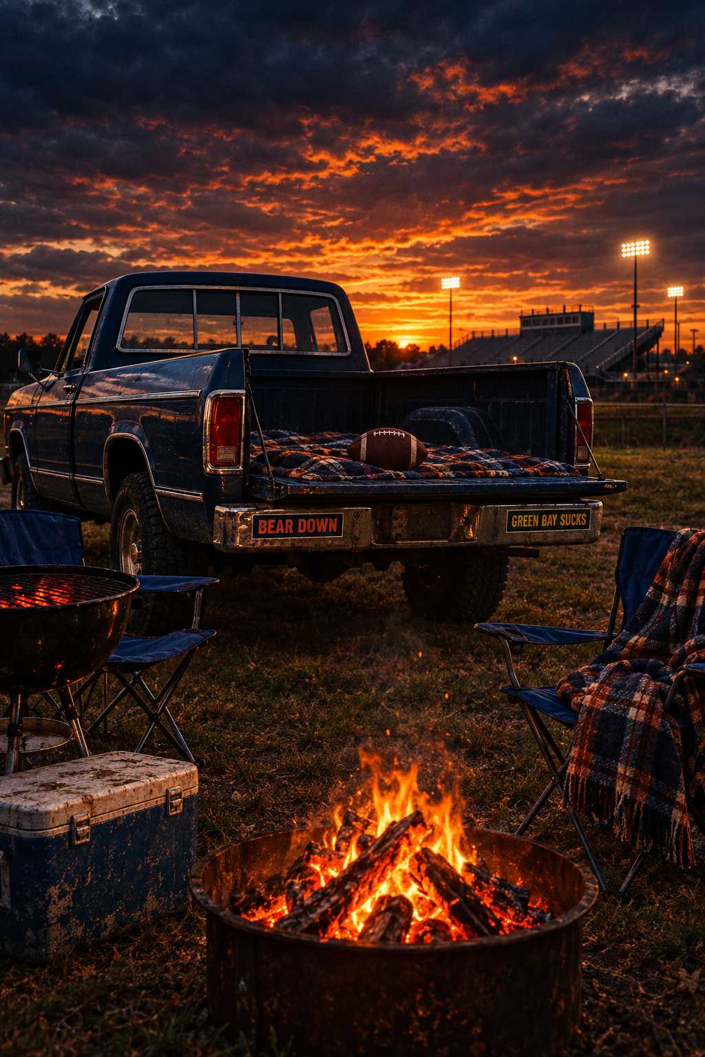 Moody tailgate scene at dusk with fire pit, lawn chairs, grill, cooler, and truck with Bear Down and Green Bay Sucks bumper stickers