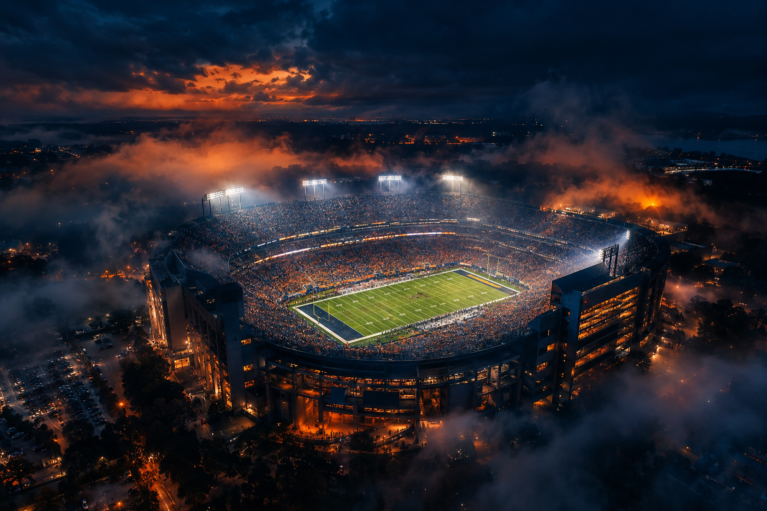 Football stadium at night with blazing lights