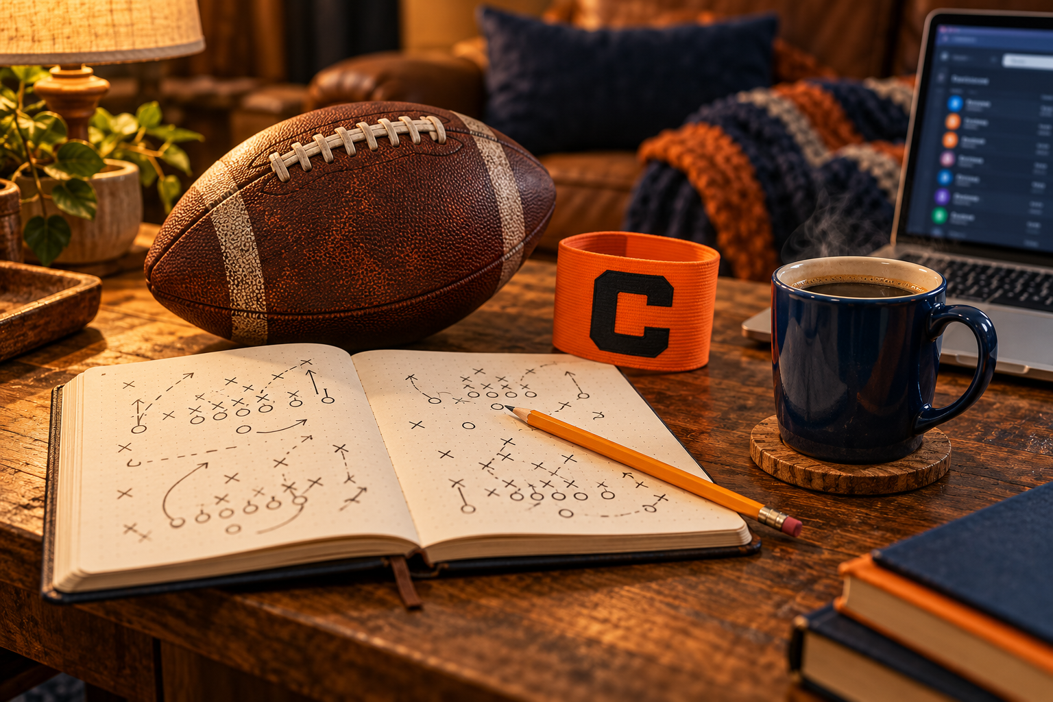 Issue 1 Showdown strategy desk with a football and playbook