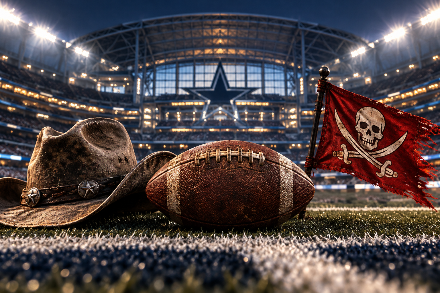 Cowboy hat, football, and pirate flag under Dallas stadium lights